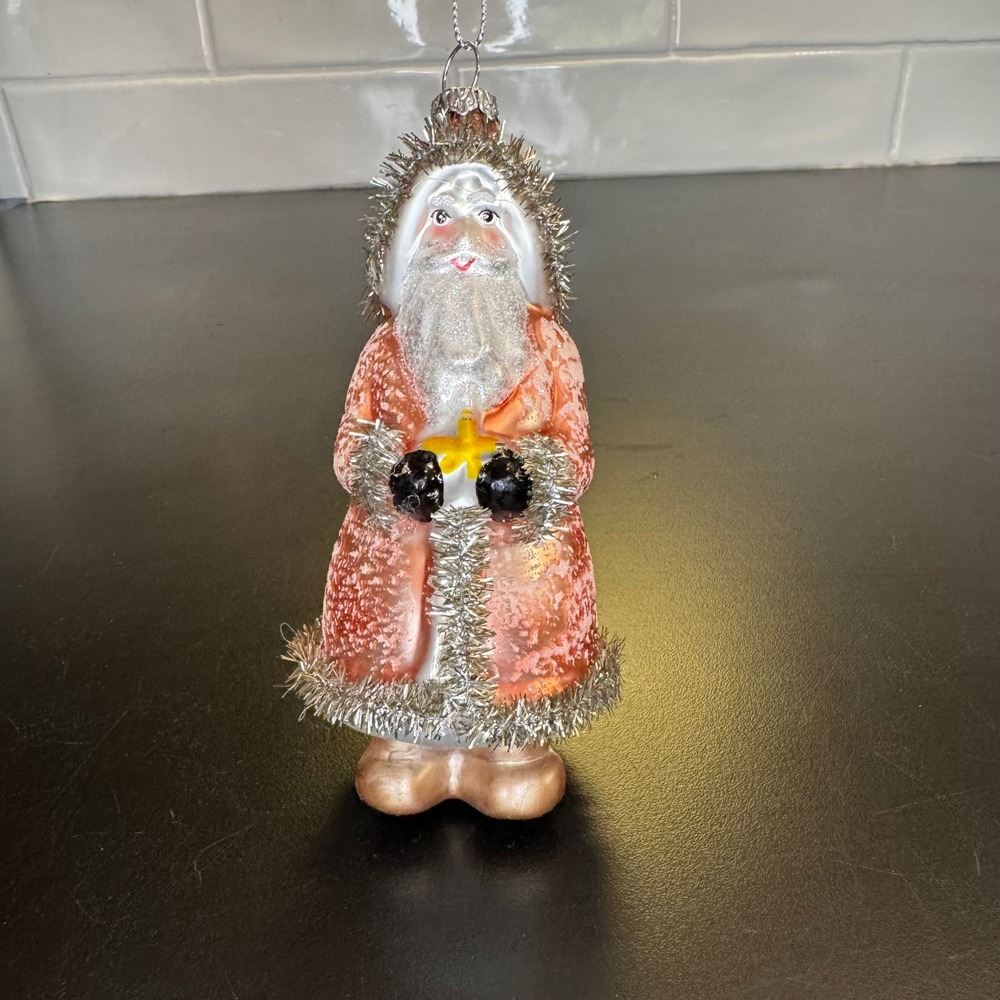 Glass Santa Christmas Ornament 5.25" Pink Silver Tinsel Trim Vintage Style